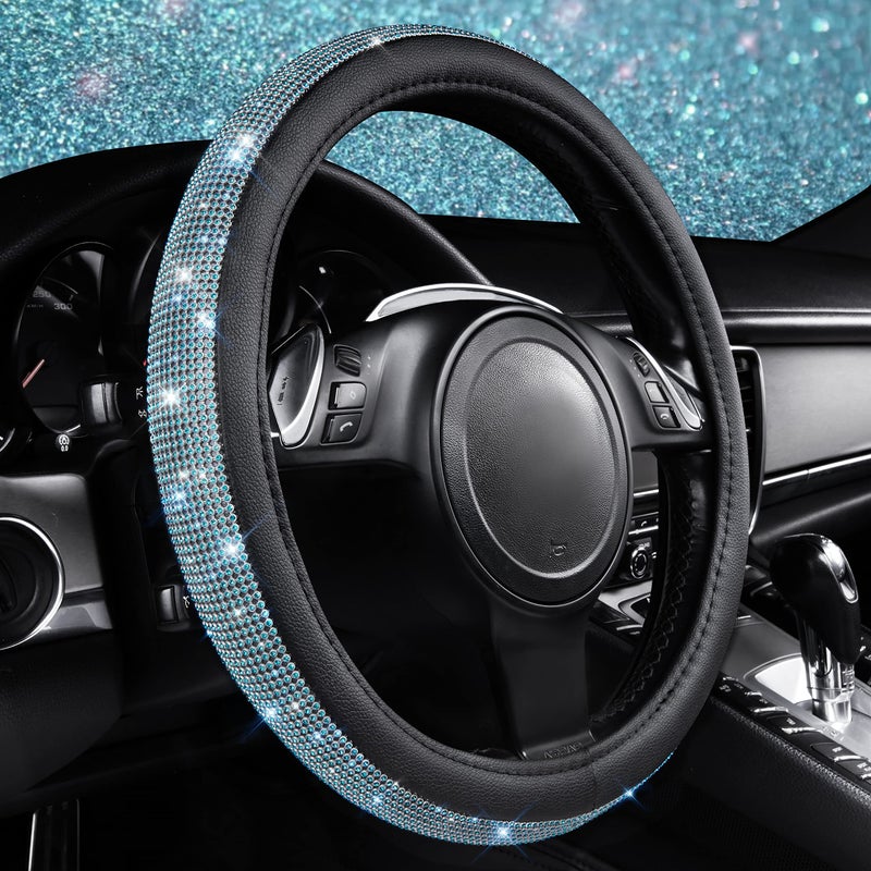 CAR PASS Mint Diamond Black Leather Steering Wheel Cover, Bling Blue Crystal Rhinestones Universal Fit 14"1/2-15" Crystal Glitter for Women Sparkle Girl Fit Suvs,Vans,Sedans,Cars,Trucks, Mint Diamond - Image 2